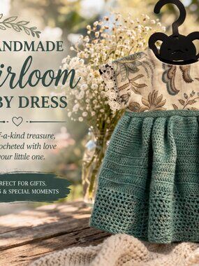 Handmade Crochet Baby Dress Teal & Ivory Floral Bodice with Keepsake Hanger